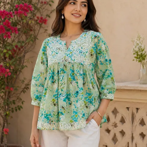 Mint_Green_Floral_Handcrafted_Lucknowi_Chikan_Cotton_Short_Top