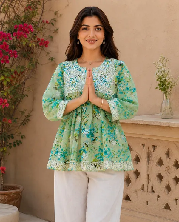 Mint_Green_Floral_Handcrafted_Lucknowi_Chikan_Cotton_Short_Top
