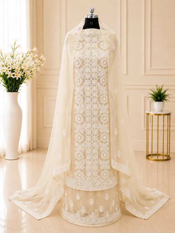 Cream_White_Hand_Crafted_Soft_Chiffon_Unstitched_Chikan_Suit_Set_Panel_Pattern
