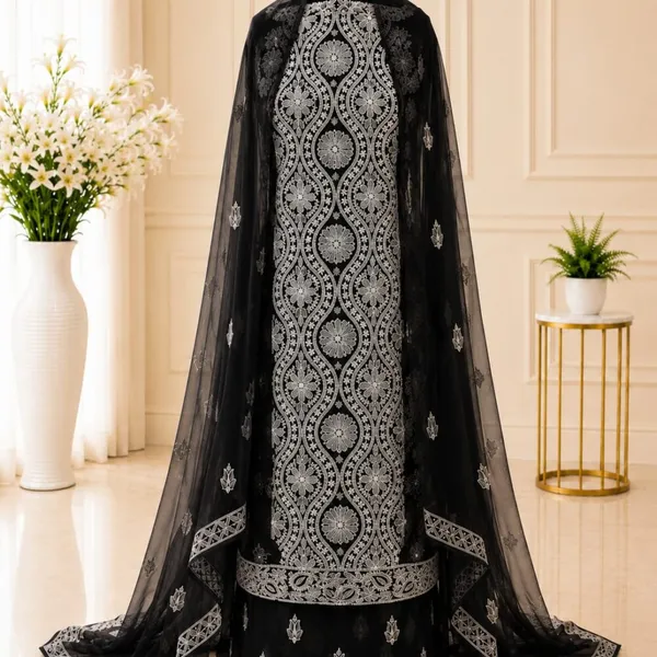 Black_Hand_Crafted_Soft_Chiffon_Unstitched_Chikan_Suit_Set_In_Panel_Pattern