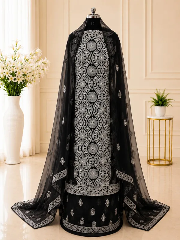 Black_Hand_Crafted_Soft_Chiffon_Unstitched_Chikan_Suit_Set_In_Panel_Pattern