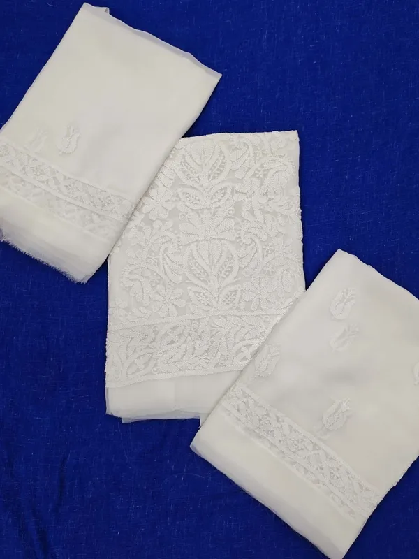 White_Hand_Embroidered_Soft_Chiffon_Unstitched_Garth_Chikankari_Suit_Set_With_Dupatta