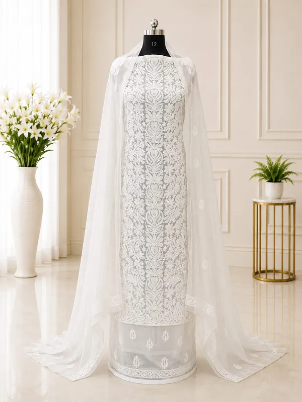 White_Hand_Embroidered_Soft_Chiffon_Unstitched_Garth_Chikankari_Suit_Set_With_Dupatta