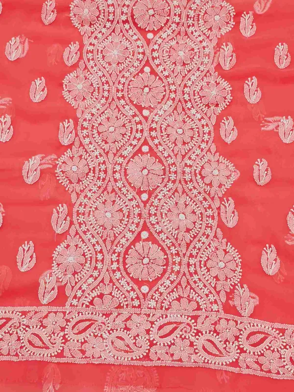 Coral_Pink_Hand_Crafted_Soft_Chiffon_Unstitched_Chikan_Suit_Set_In_Panel_Pattern