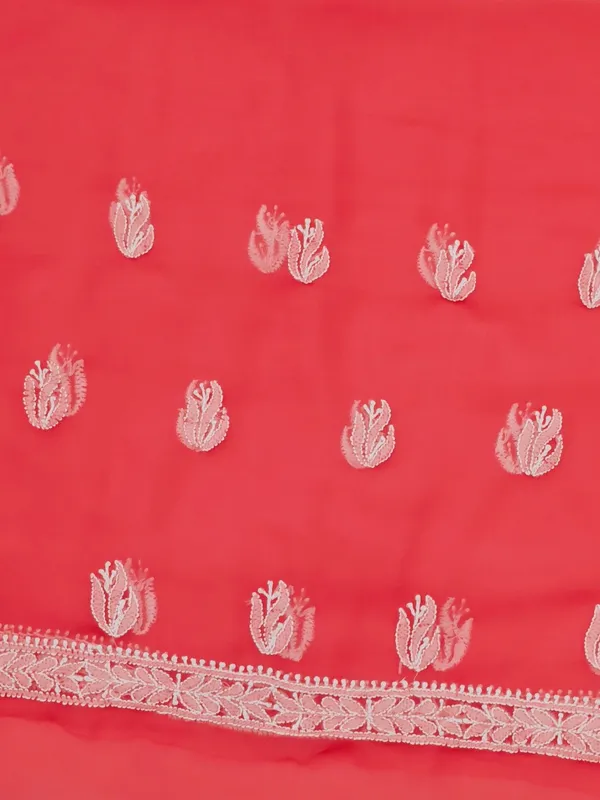 Coral_Pink_Hand_Crafted_Soft_Chiffon_Unstitched_Chikan_Suit_Set_In_Panel_Pattern