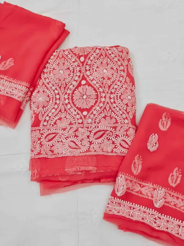 Coral_Pink_Hand_Crafted_Soft_Chiffon_Unstitched_Chikan_Suit_Set_In_Panel_Pattern