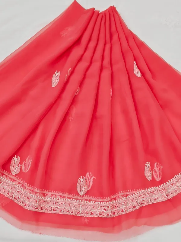 Coral_Pink_Hand_Crafted_Soft_Chiffon_Unstitched_Chikan_Suit_Set_In_Panel_Pattern
