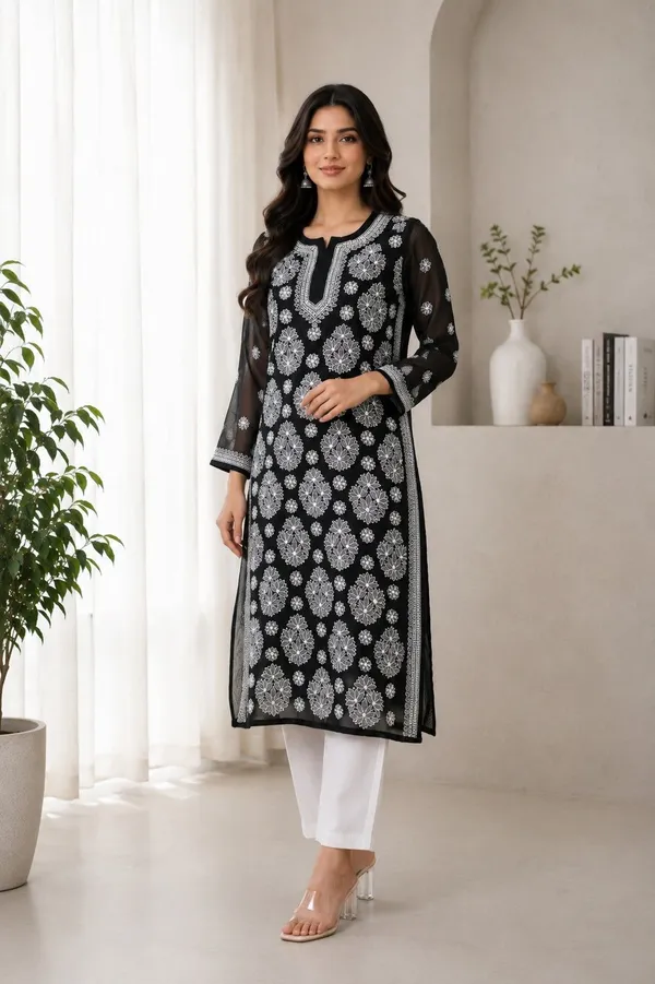 Black_Hand_Embroidered_Lucknowi_Chikankari_Chiffon_Kurti_With_Full_Buti_Jaal