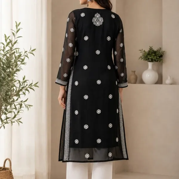 Black_Hand_Embroidered_Lucknowi_Chikankari_Chiffon_Kurti_With_Full_Buti_Jaal