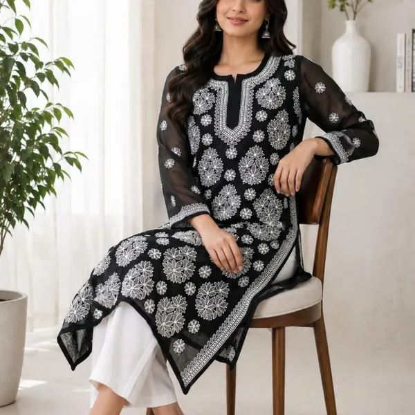 Black_Hand_Embroidered_Lucknowi_Chikankari_Chiffon_Kurti_With_Full_Buti_Jaal