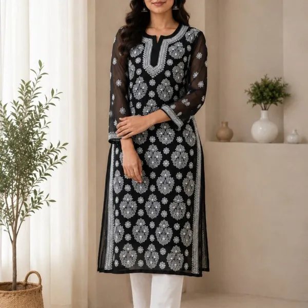 Black_Hand_Embroidered_Lucknowi_Chikankari_Chiffon_Kurti_With_Full_Buti_Jaal