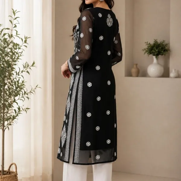 Black_Hand_Embroidered_Lucknowi_Chikankari_Chiffon_Kurti_With_Full_Buti_Jaal