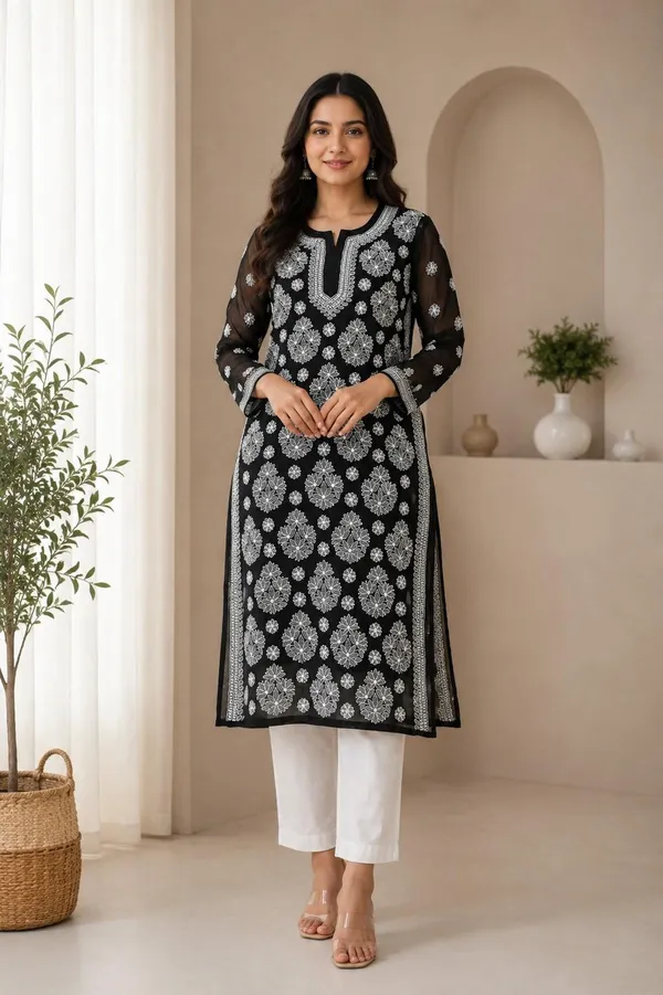 Black_Hand_Embroidered_Lucknowi_Chikankari_Chiffon_Kurti_With_Full_Buti_Jaal