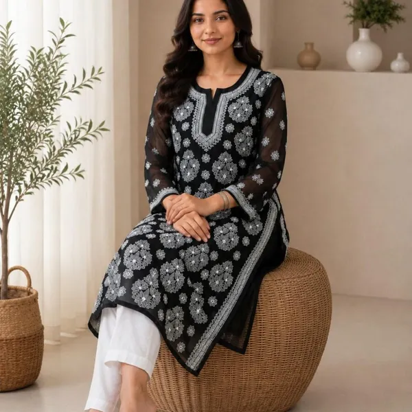 Black_Hand_Embroidered_Lucknowi_Chikankari_Chiffon_Kurti_With_Full_Buti_Jaal