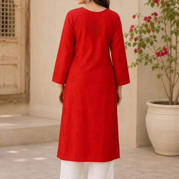 Cherry_Red_Hand_Embroidered_Lucknowi_Chikankari_Kashmiri_Cotton_Kurti