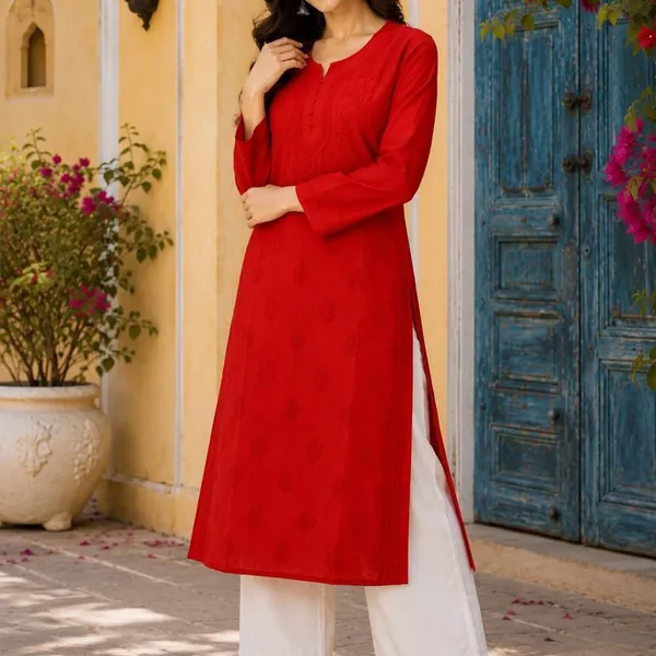 Cherry_Red_Hand_Embroidered_Lucknowi_Chikankari_Kashmiri_Cotton_Kurti