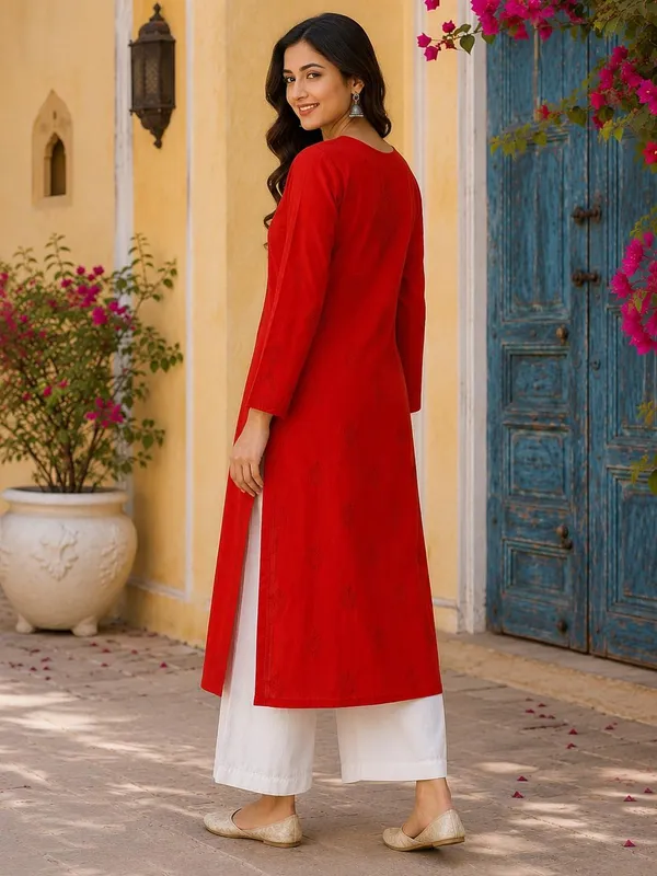 Cherry_Red_Hand_Embroidered_Lucknowi_Chikankari_Kashmiri_Cotton_Kurti