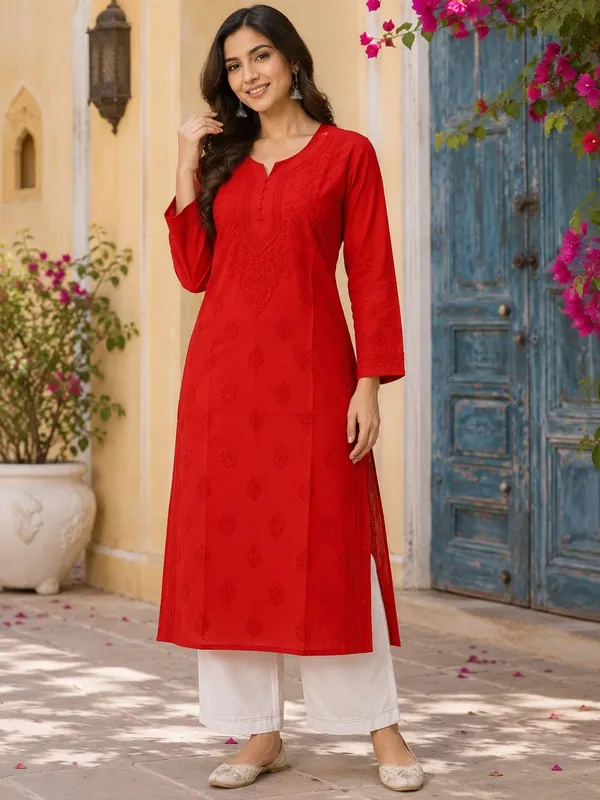 Cherry_Red_Hand_Embroidered_Lucknowi_Chikankari_Kashmiri_Cotton_Kurti