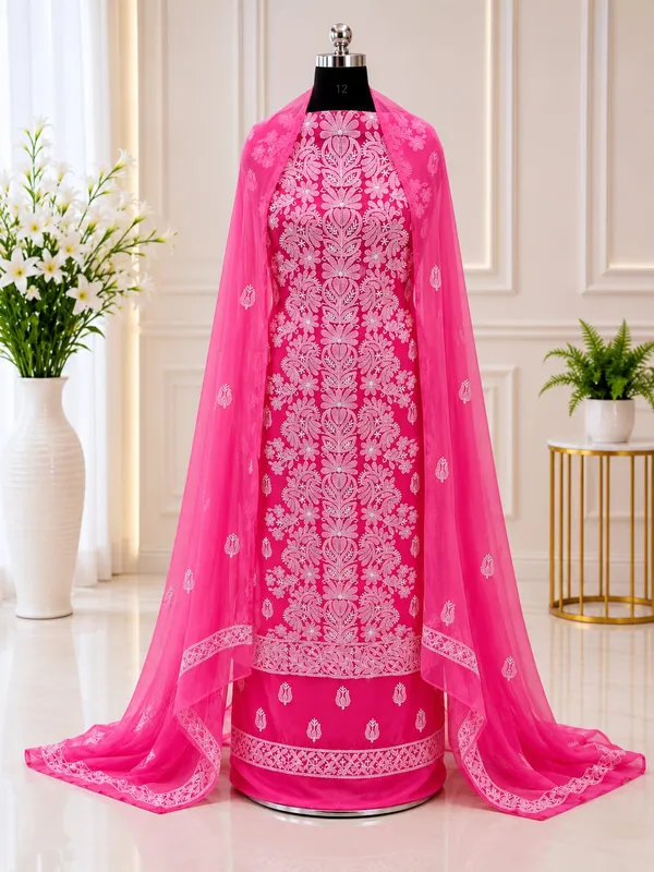 Fuchsia_Pink_Hand_Embroidered_Soft_Chiffon_Unstitched_Garth_Chikankari_Suit_Set_With_Dupatta