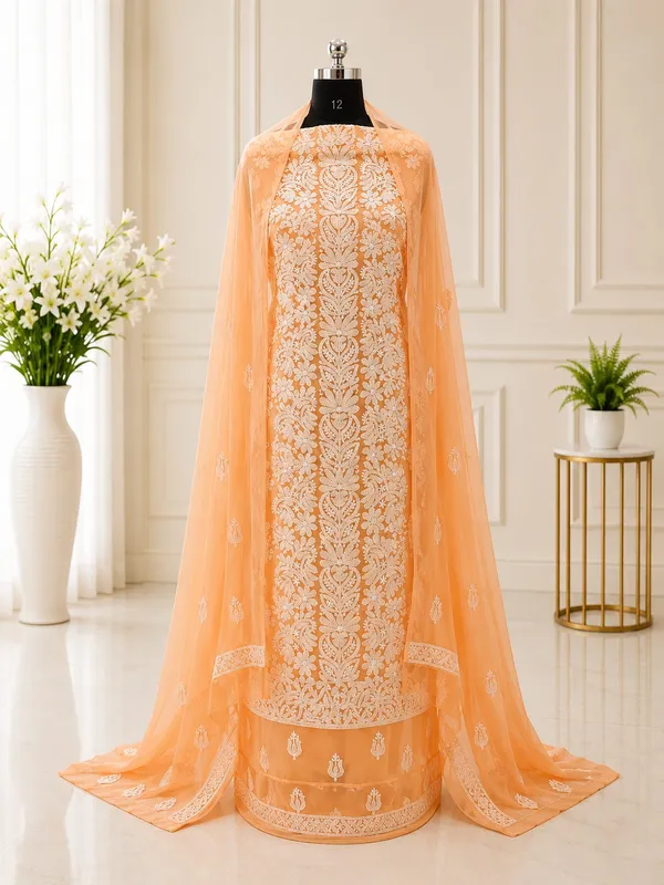 Soft_Peach_Hand_Embroidered_Soft_Chiffon_Unstitched_Garth_Chikankari_Suit_Set_With_Dupatta