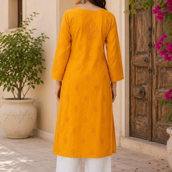 Mustard_Yellow_Hand_Embroidered_Lucknowi_Chikankari_Kashmiri_Cotton_Kurti