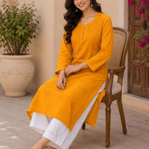 Mustard_Yellow_Hand_Embroidered_Lucknowi_Chikankari_Kashmiri_Cotton_Kurti