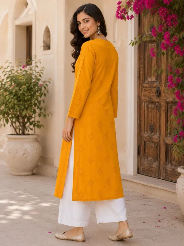 Mustard_Yellow_Hand_Embroidered_Lucknowi_Chikankari_Kashmiri_Cotton_Kurti