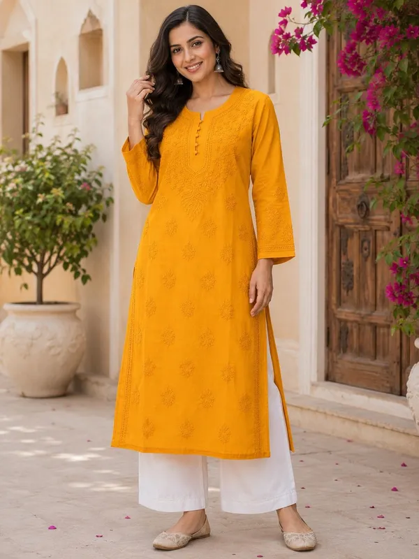 Mustard_Yellow_Hand_Embroidered_Lucknowi_Chikankari_Kashmiri_Cotton_Kurti