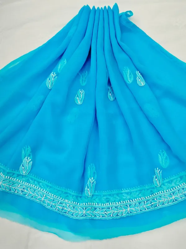 Sky_Blue_Hand_Crafted_Soft_Chiffon_Unstitched_Chikan_Suit_Set_In_Panel_Pattern
