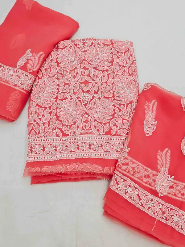 Coral_Pink_Hand_Embroidered_Soft_Chiffon_Unstitched_Leaf_Chikankari_Suit_Set_With_Dupatta