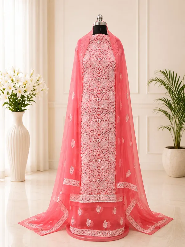 Coral_Pink_Hand_Embroidered_Soft_Chiffon_Unstitched_Leaf_Chikankari_Suit_Set_With_Dupatta