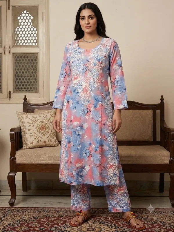 Pastel_Blue_Pink_Hand_Embroidered_Lucknowi_Chikankari_Floral_Cotton_Kurti_Palazzo_Set