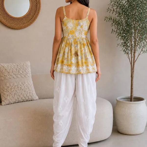 Mustard_Yellow_Floral_Print_Handcrafted_Lucknowi_Chikankari_Cotton_Short_Top