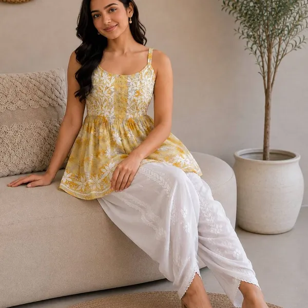 Mustard_Yellow_Floral_Print_Handcrafted_Lucknowi_Chikankari_Cotton_Short_Top