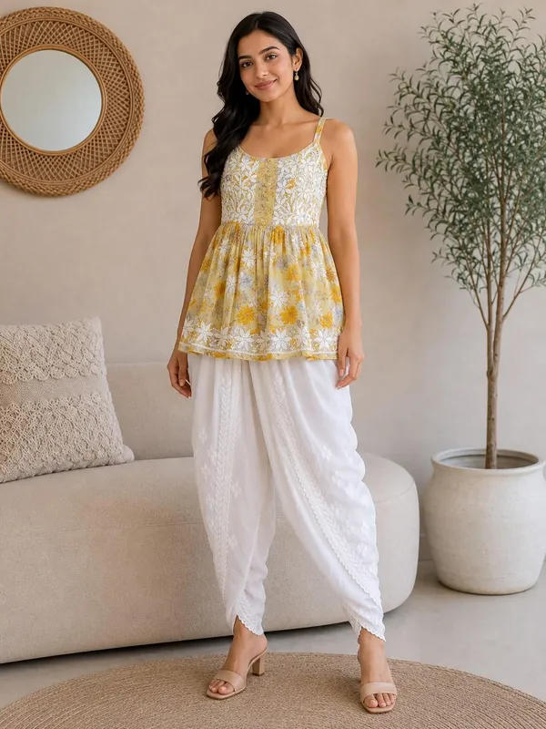 Mustard_Yellow_Floral_Print_Handcrafted_Lucknowi_Chikankari_Cotton_Short_Top