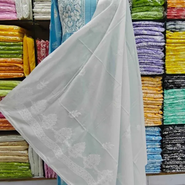 White_Hand_Embroidered_Lucknowi_Chikankari_Pure_Soft_Cotton_Dupatta