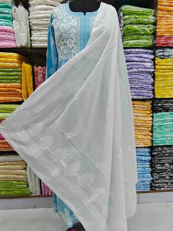 White_Hand_Embroidered_Lucknowi_Chikankari_Pure_Soft_Cotton_Dupatta