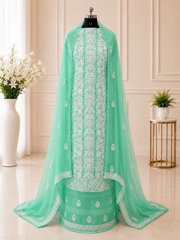 Sea_Green_Hand_Embroidered_Soft_Chiffon_Unstitched_Garth_Chikankari_Suit_Set_With_Dupatta