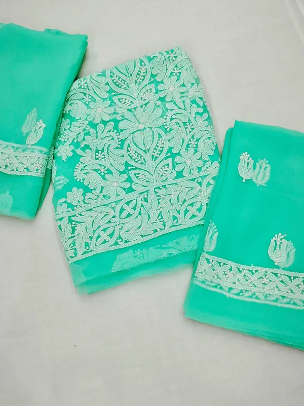 Sea_Green_Hand_Embroidered_Soft_Chiffon_Unstitched_Garth_Chikankari_Suit_Set_With_Dupatta