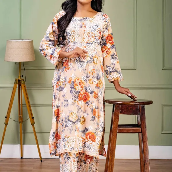 Peach_Floral_Mul_Cotton_Kurti_Set