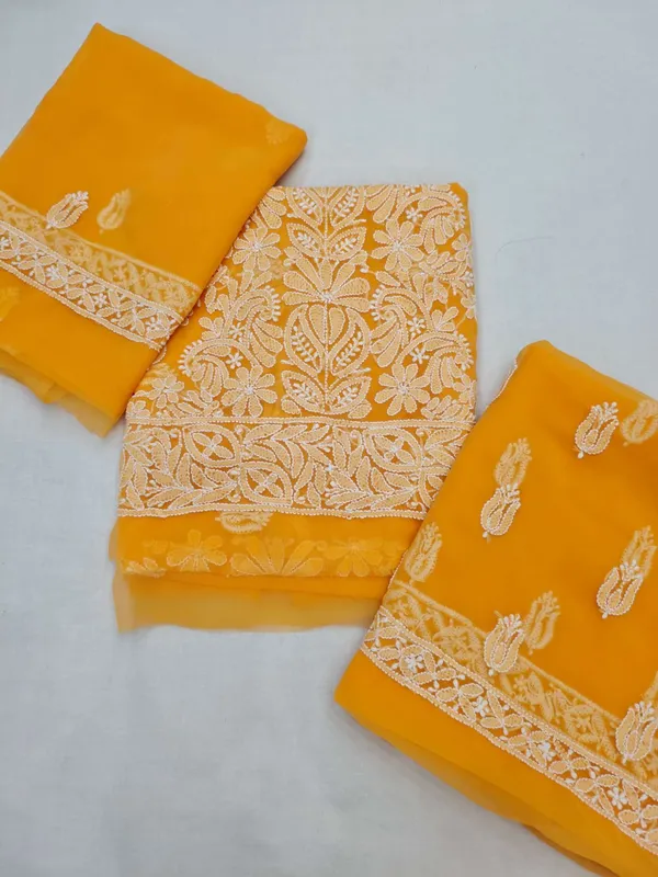 Mustard_Yellow_Hand_Embroidered_Soft_Chiffon_Unstitched_Garth_Chikankari_Suit_Set_With_Dupatta
