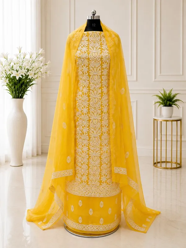 Mustard_Yellow_Hand_Embroidered_Soft_Chiffon_Unstitched_Garth_Chikankari_Suit_Set_With_Dupatta