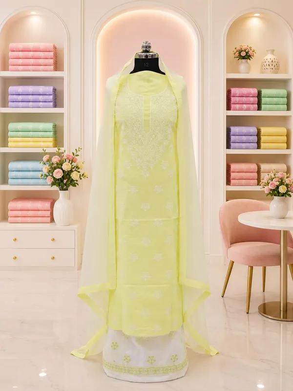 Lemon_Yellow_Cotton_Suit_Piece_With_Contrast_Bottom_Chiffon_Dupatta