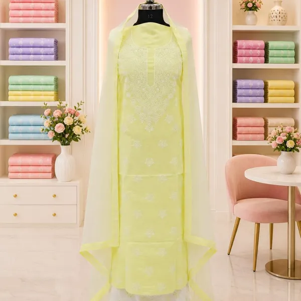 Lemon_Yellow_Cotton_Suit_Piece_With_Contrast_Bottom_Chiffon_Dupatta