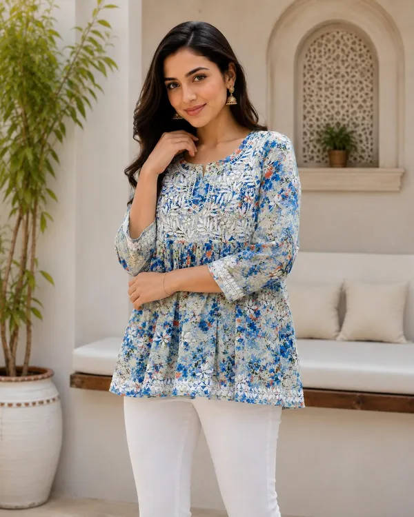 Powder_Blue_Floral_Handcrafted_Lucknowi_Chikan_Cotton_Short_Top