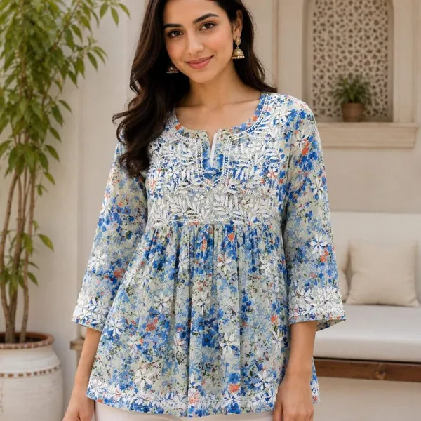 Powder_Blue_Floral_Handcrafted_Lucknowi_Chikan_Cotton_Short_Top