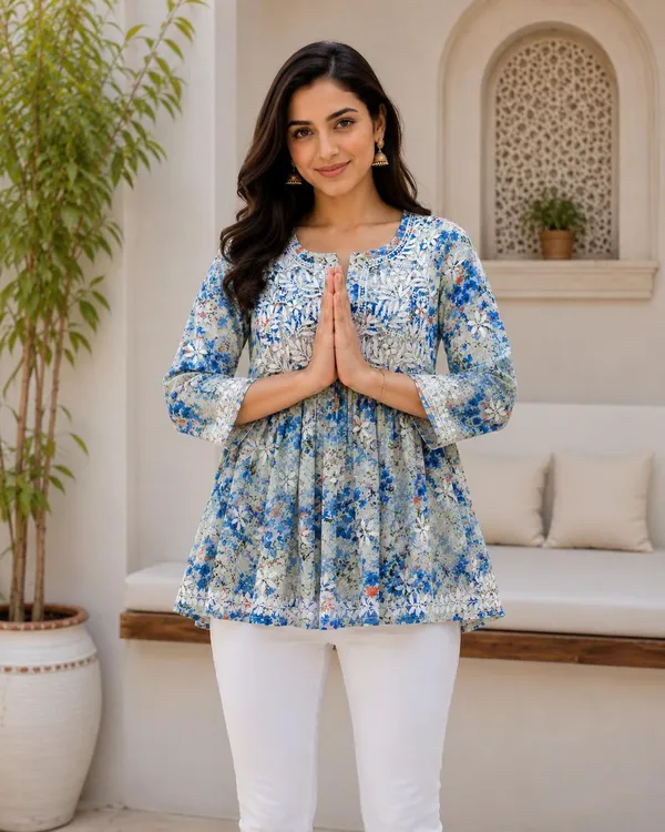 Powder_Blue_Floral_Handcrafted_Lucknowi_Chikan_Cotton_Short_Top