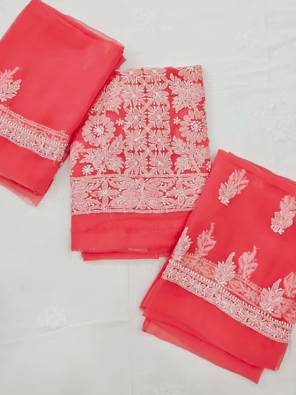 Coral_Pink_Hand_Crafted_Soft_Chiffon_Unstitched_Chikan_Suit_Set_Panel_Pattern