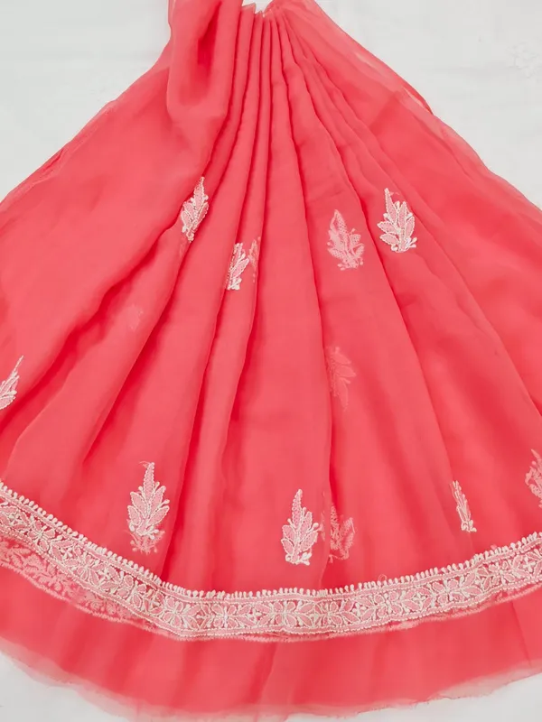 Coral_Pink_Hand_Crafted_Soft_Chiffon_Unstitched_Chikan_Suit_Set_Panel_Pattern
