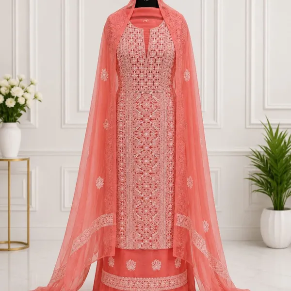 Coral_Pink_Suit_Piece_Chiffon_Jaal_With_Dupatta
